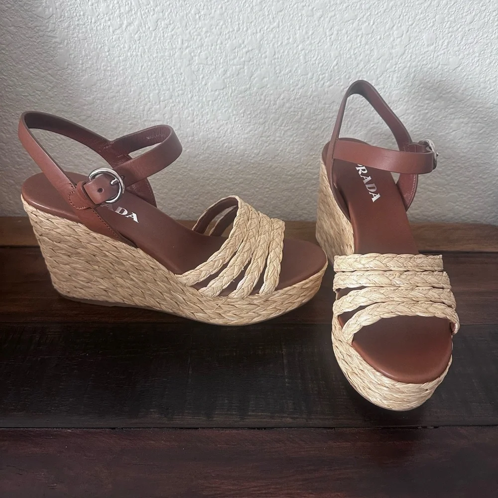 NIB Prada Brown Wedge Sandals